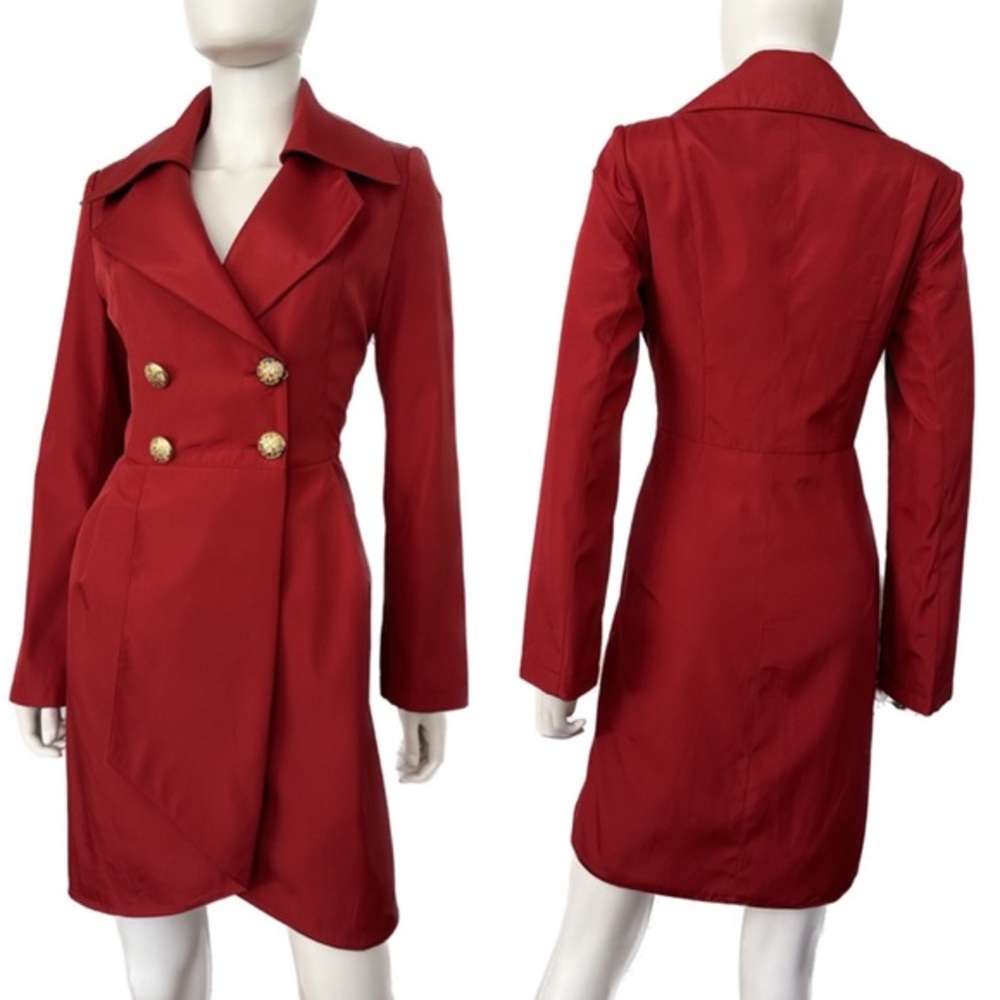 NWT WOMEN DOUBLE-BREASTED TRENCH COAT MILITARY LINED JACKET NOTCHED COLLAR‎ RED